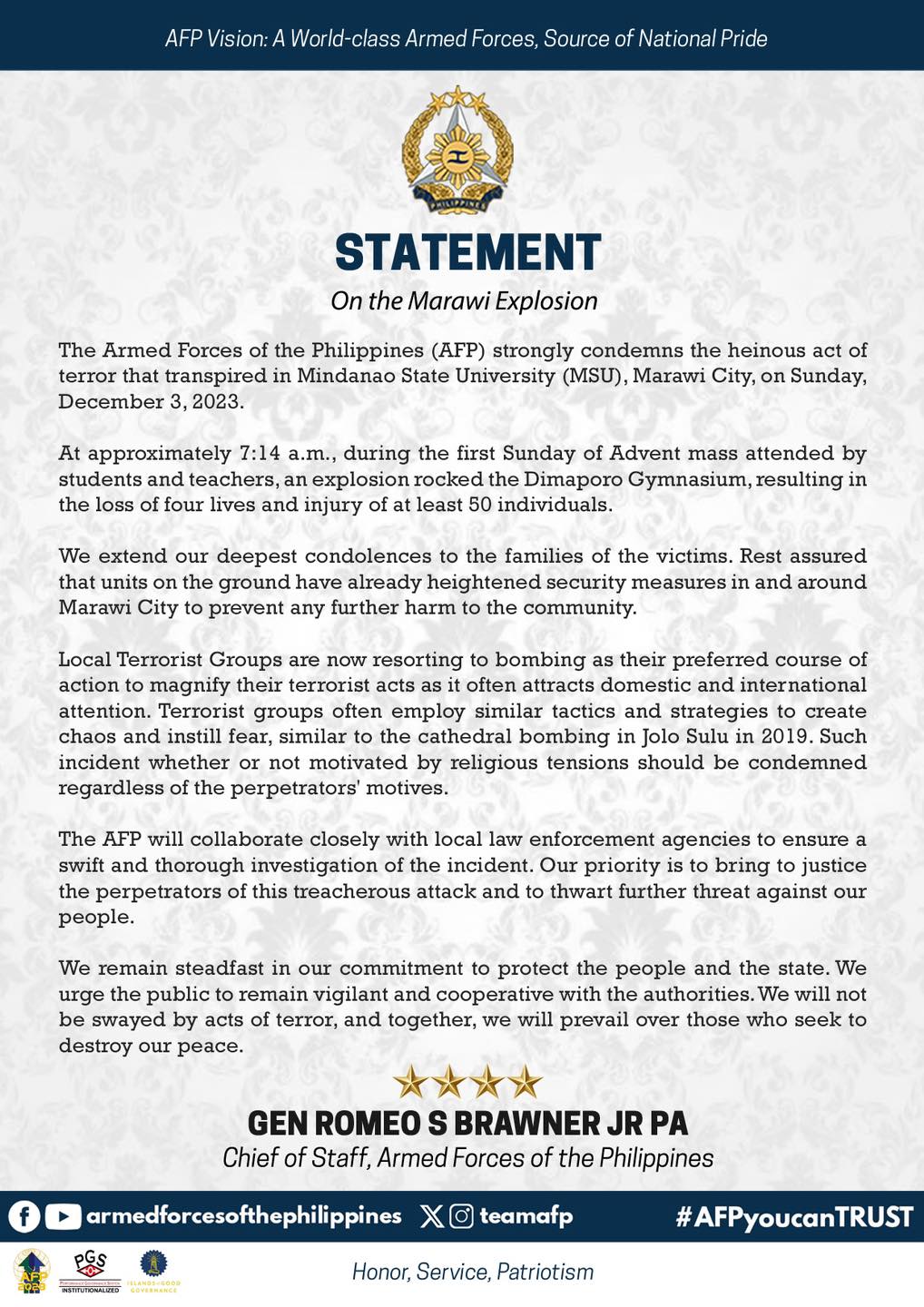 AFP Statement on the Marawi Explosion