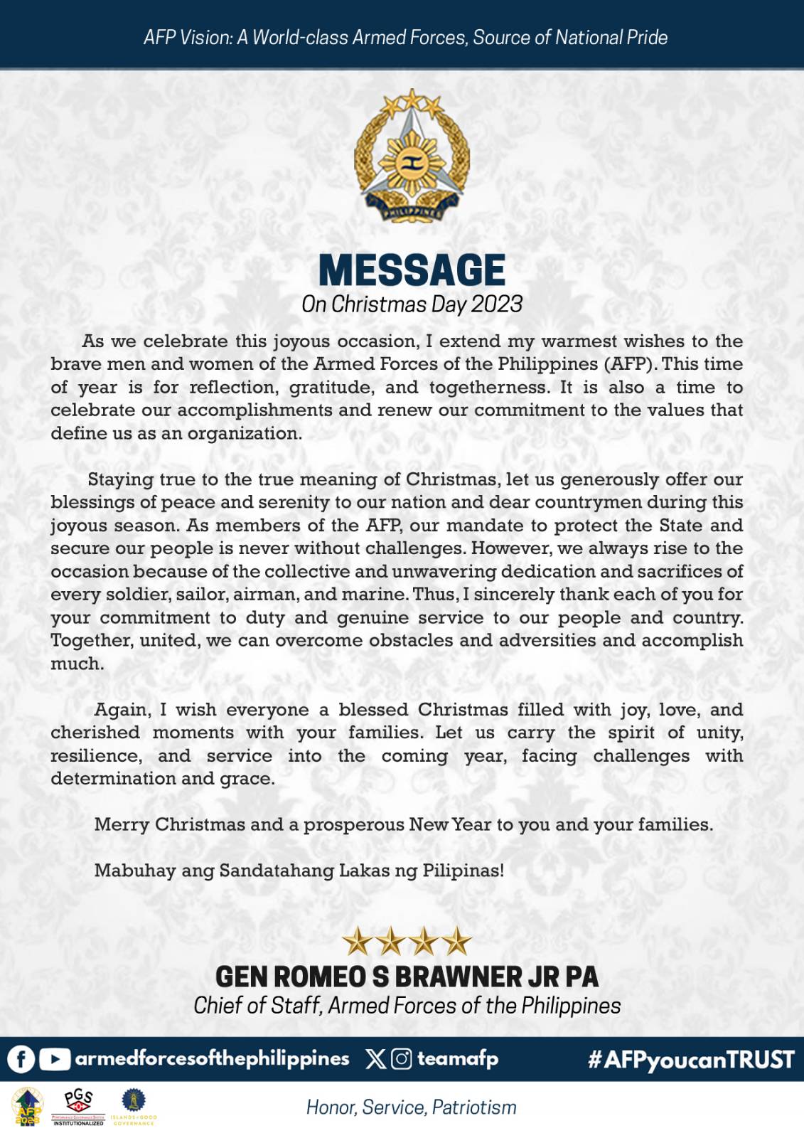 Christmas Day message of General Romeo Brawner Jr, Chief of Staff of the Armed Forces of the Philippines. Christmas Day message of General Romeo Brawner Jr, Chief of Staff of the Armed Forces of the Philippines.