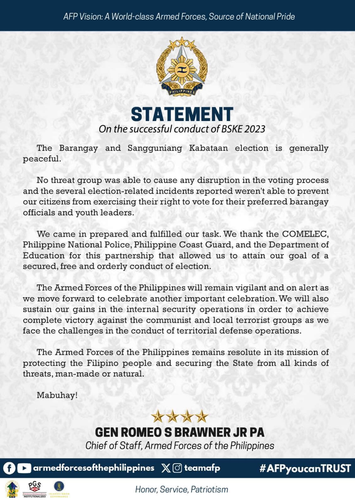 On the successful conduct of the Barangay and Sangguniang Kabataan Elections.