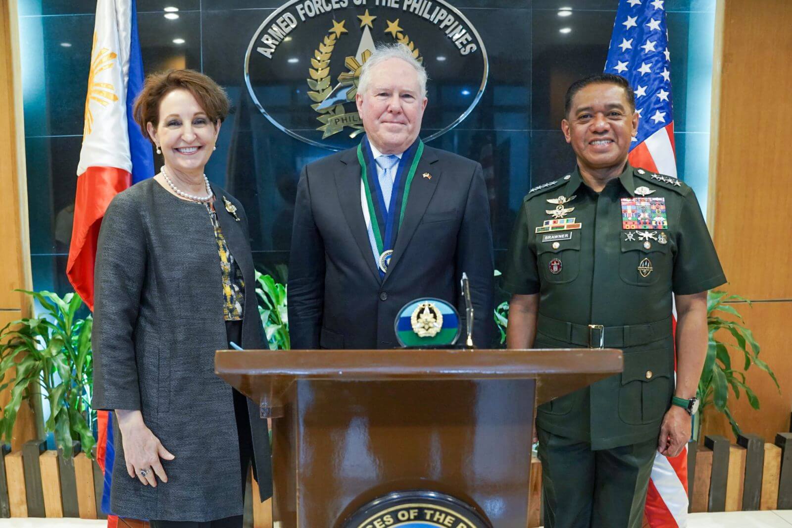United States Secretary of the Air Force Frank Kendall, United States Ambassador to the Philippines Marykay Carlson, and General Romeo Brawner Jr, Chief of Staff of the Armed Forces of the Philippines, pose for a photo during their meeting on April 5 in Camp Aguinaldo, Quezon City.