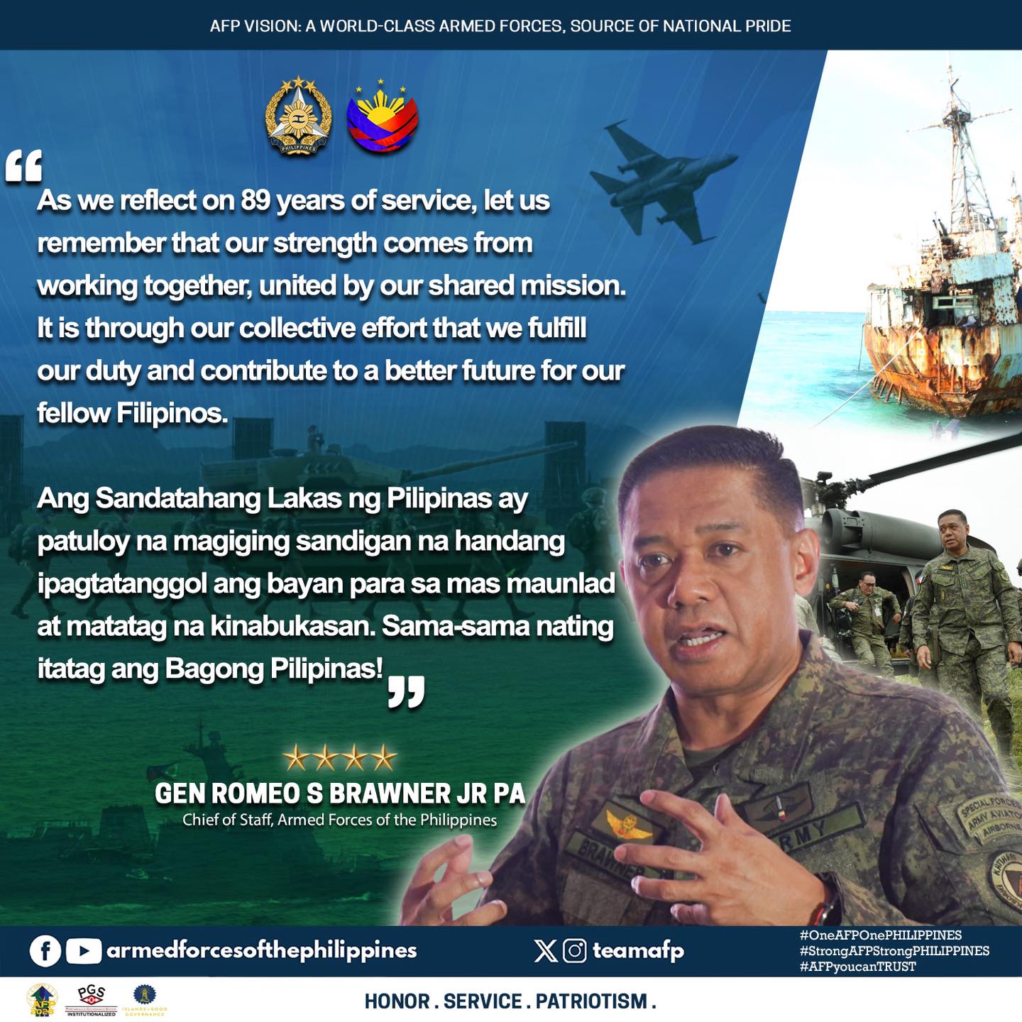 READ | Message of the AFP Chief of Staff General Romeo S Brawner Jr, on the 89th Founding Anniversary of the Armed Forces of the Philippines