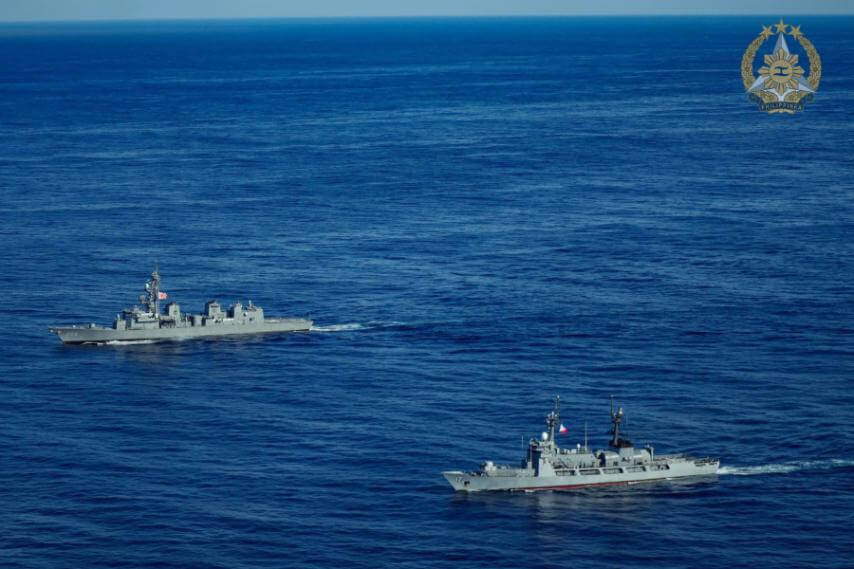 BRP Andres Bonifacio (PS17) and JS SAMIDARE (DD 106) sail in formation during the 5th Multilateral Maritime Cooperative Activity on December 6 within the Philippines' exclusive economic zone in the West Philippine Sea. (Photo by SSg Amagan/PAOAFP) Philippines, Japan, and US Conduct 5th Multilateral Maritime Cooperative Activity