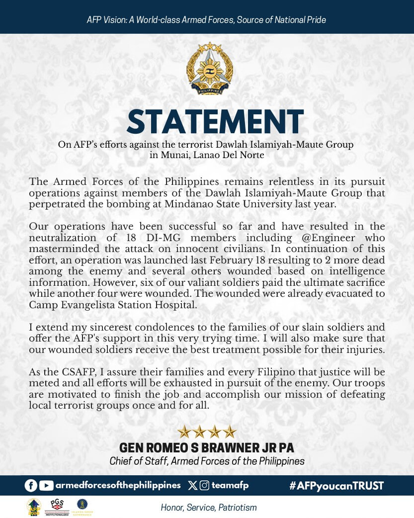 On AFP’s efforts against the terrorist Dawlah Islamiyah-Maute Group in Munai, Lanao Del Norte
