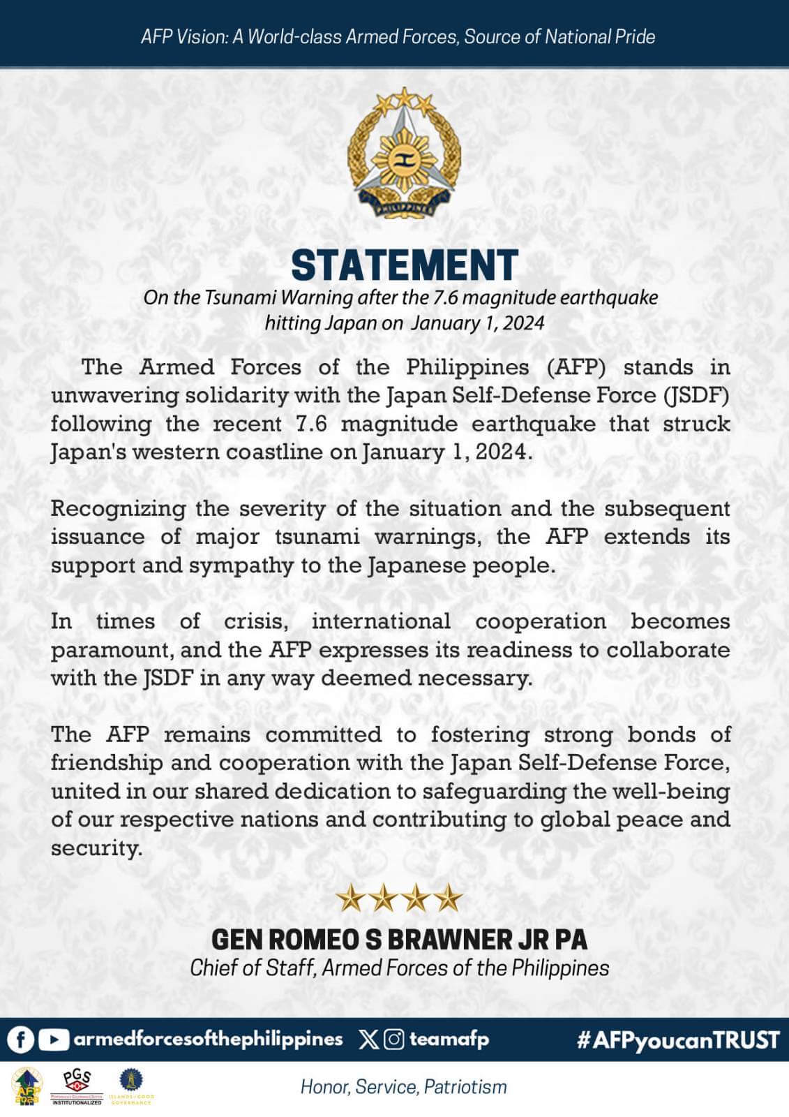 AFP Statement on the Tsunami Warning after the 7.6 magnitude earthquake hitting Japan on January 1, 2024