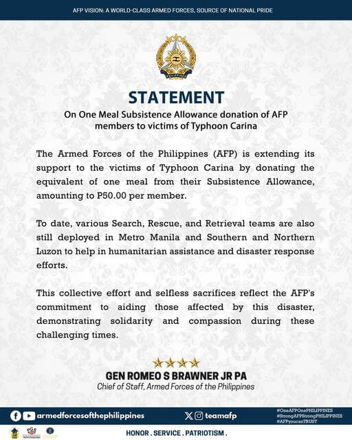 Statement of General Romeo S Brawner Jr, Chief of Staff of the Armed Forces of the Philippines, on the One Meal Subsistence Allowance donation of AFP members to victims of Typhoon Carina