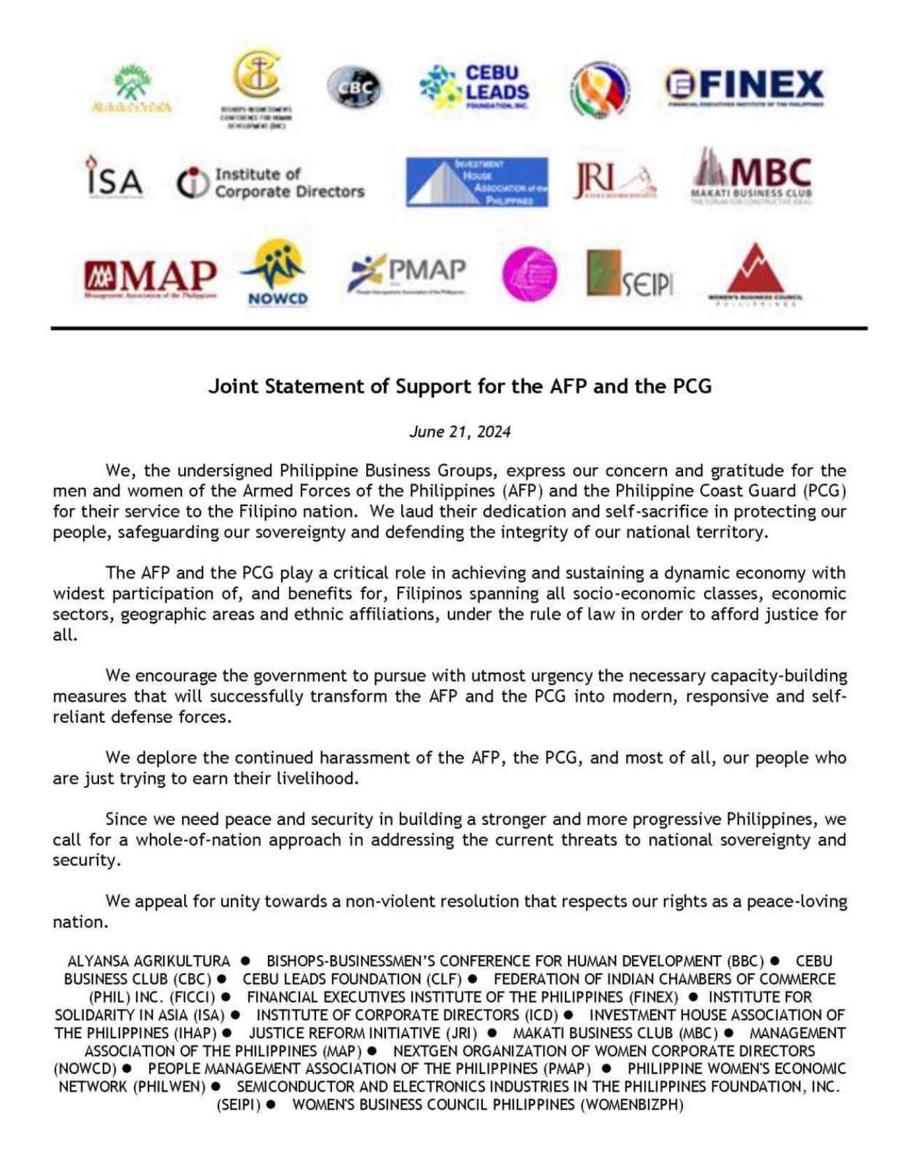 AFP Statement on the Expression of Support by the Philippine Business Groups
