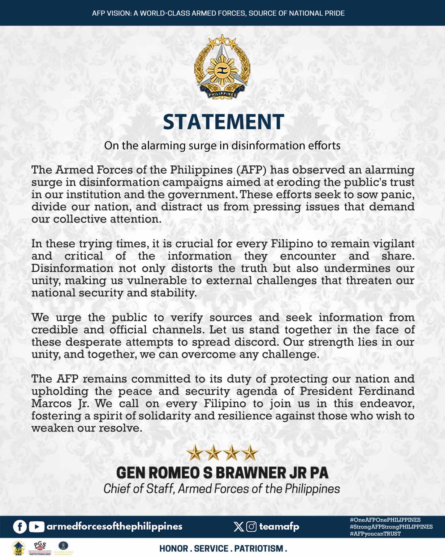 Statement of the Armed Forces of the Philippines on the alarming surge in disinformation efforts. AFP Statement | On the alarming surge in disinformation efforts.