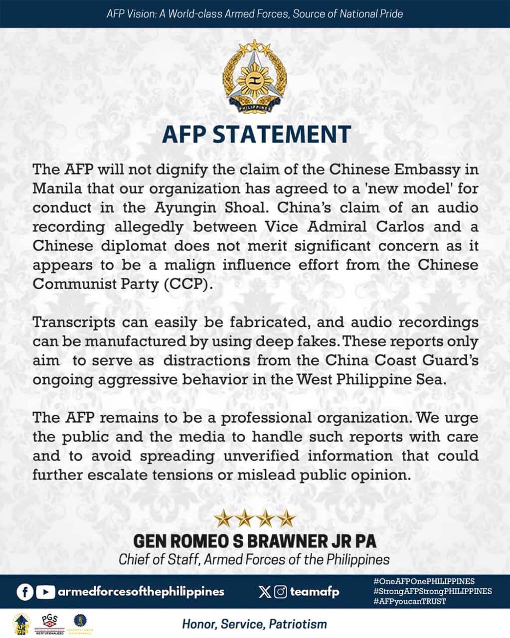 AFP Statement on Chinese Embassy in Manila’s claim of a “new model” of conduct in the West Philippines Sea. AFP Statement on Chinese Embassy in Manila’s claim of a “new model” of conduct in the West Philippines Sea.