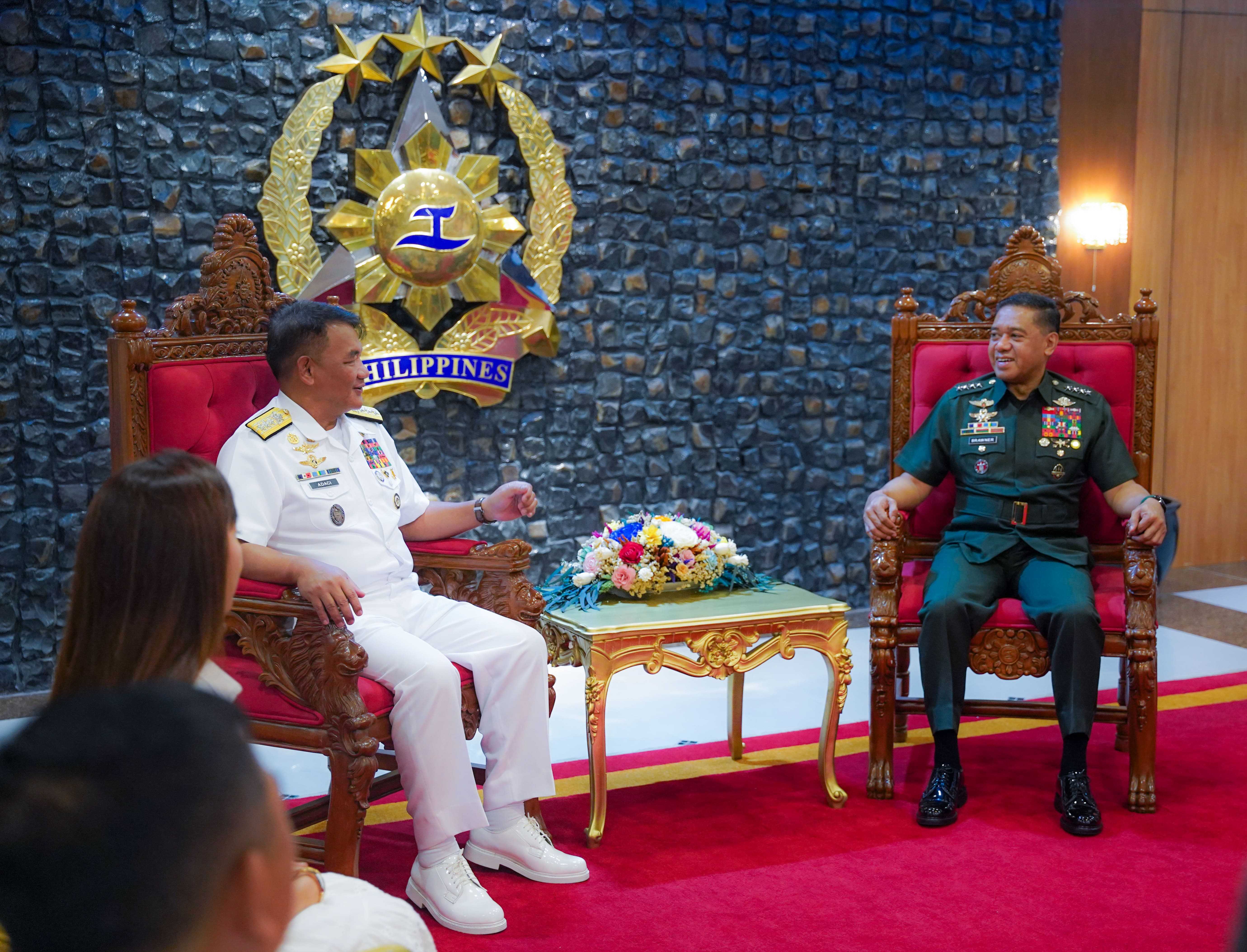AFP Chief of Staff General Romeo S Brawner Jr and Vice Admiral Toribio Adaci Jr., Flag Officer in Command of the Philippine Navy, sit in discussion during the latter’s exit call on October 16.