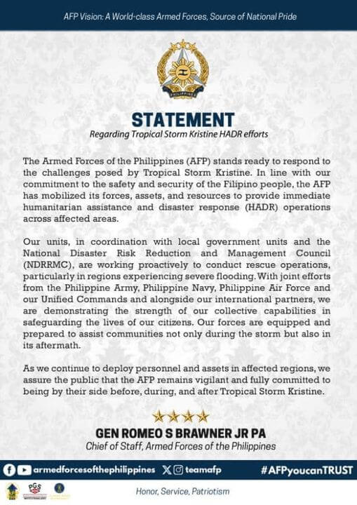 AFP STATEMENT | On AFP's Response to TS Kristine 