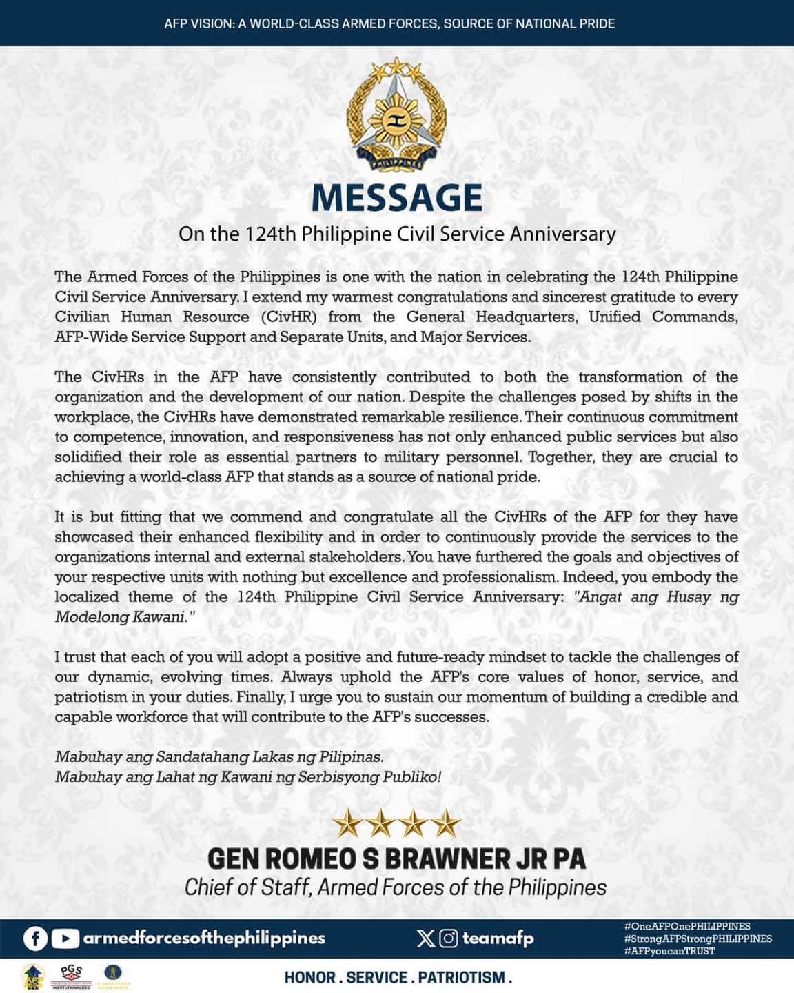 Message of the AFP Chief of Staff General Romeo S Brawner Jr on the 124th Philippine Civil Service Anniversary Message of the AFP Chief of Staff General Romeo S Brawner Jr on the 124th Philippine Civil Service Anniversary