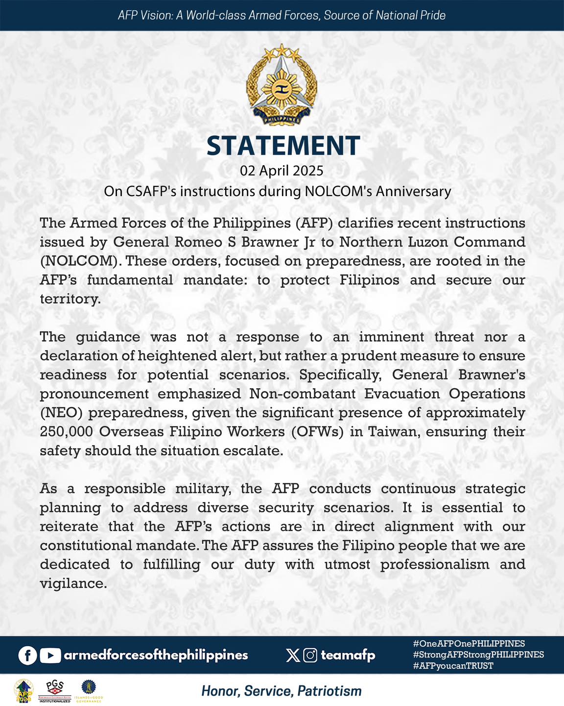 READ | AFP Statement On CSAFP's instructions during NOLCOM's Anniversary