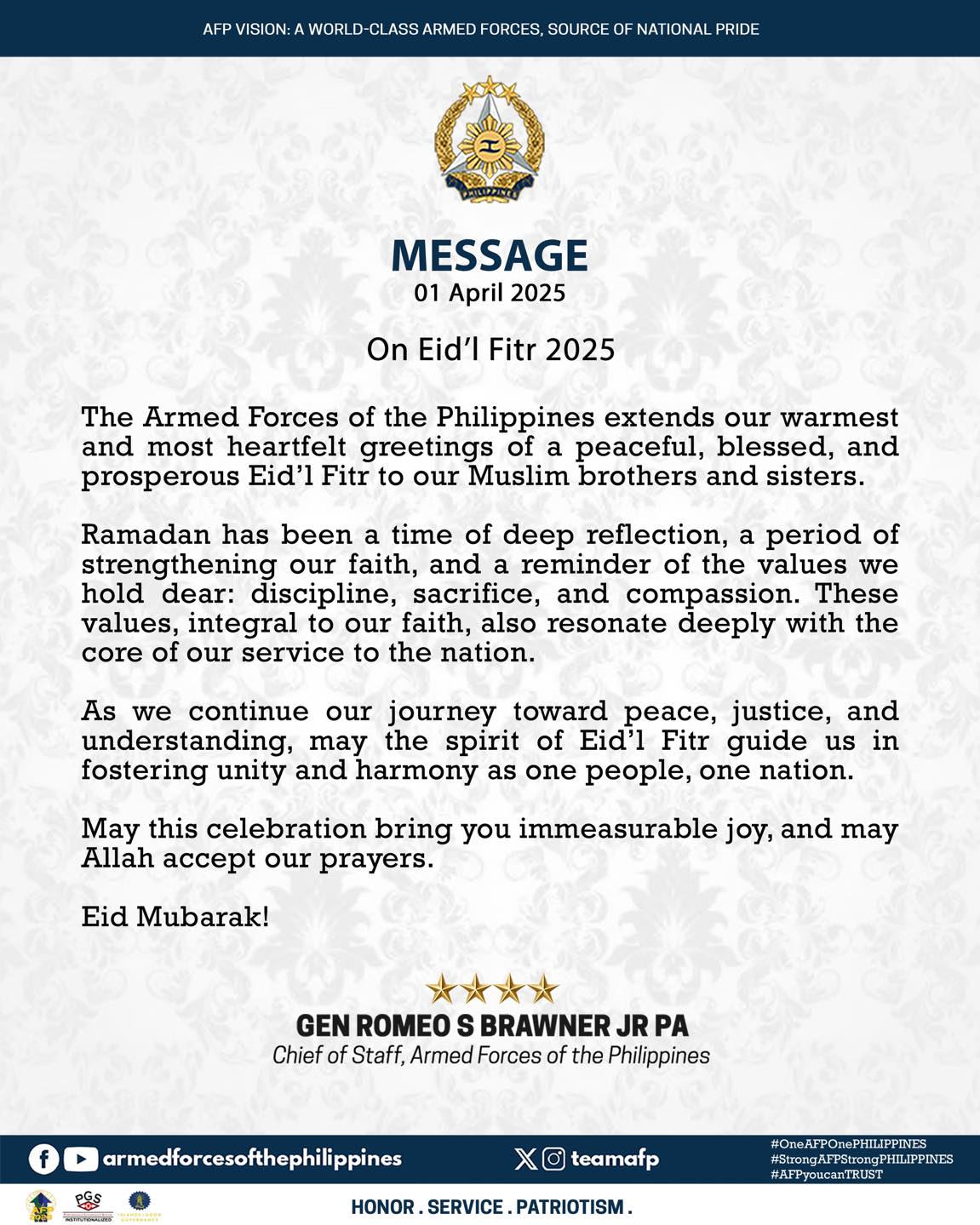 READ | Message of the AFP Chief of Staff General Romeo S Brawner Jr, on Eid’l Fitr 2025