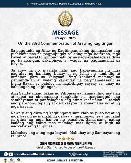 Message of the AFP Chief of Staff General Romeo S Brawner Jr, on the the 83rd Commemoration of Araw ng Kagitingan