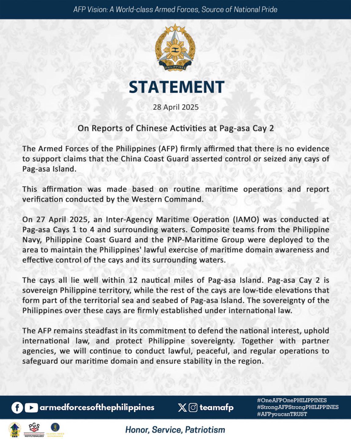 AFP Statement on Reports of Chinese Activities at Pag-Asa Cay 2 AFP Statement on Reports of Chinese Activities at Pag-Asa Cay 2