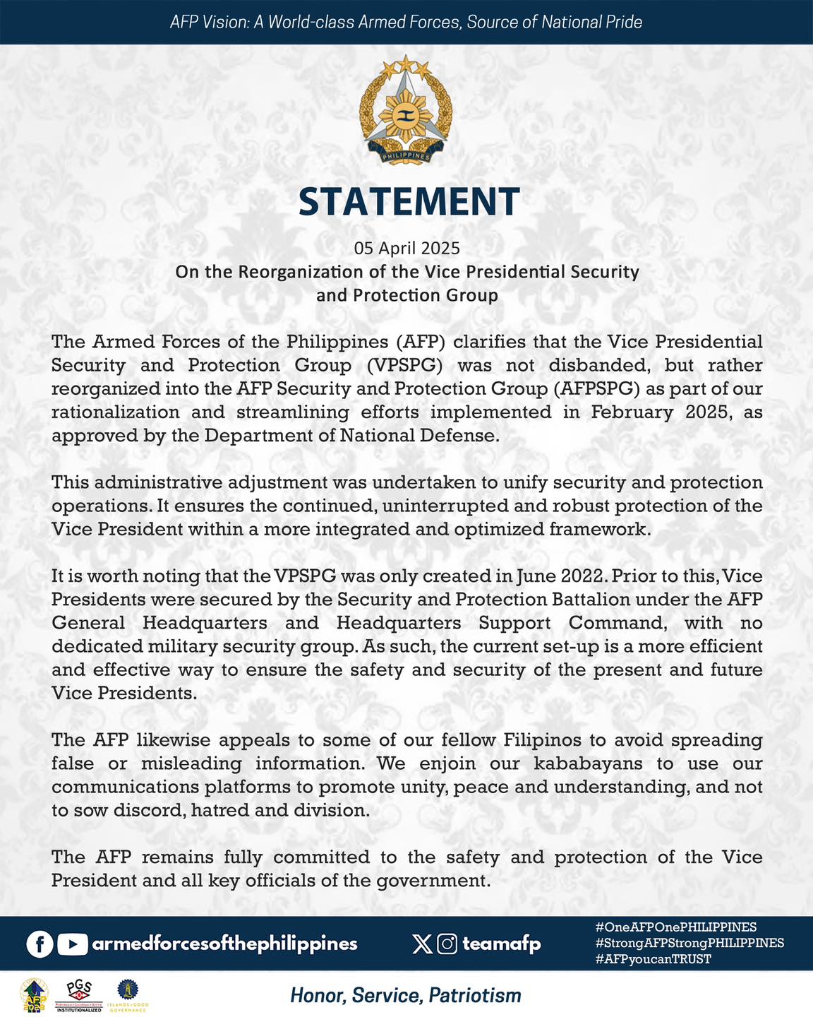READ | AFP Statement on the Reorganization of the Vice Presidential Security and Protection Group