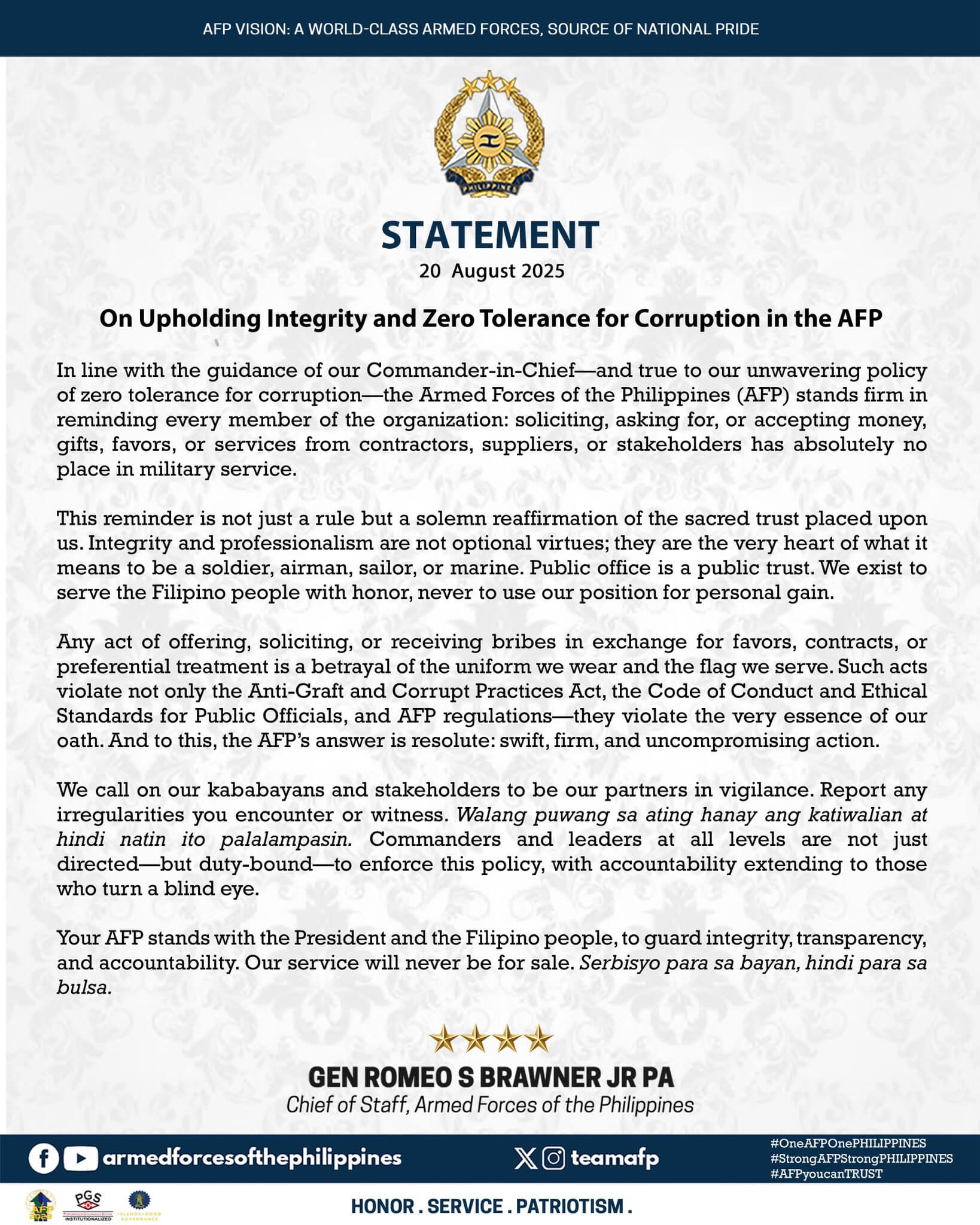 Statement of General Romeo S Brawner Jr, Chief of Staff, Armed Forces of the Philippines on Upholding Integrity and Zero Tolerance for Corruption in the AFP.