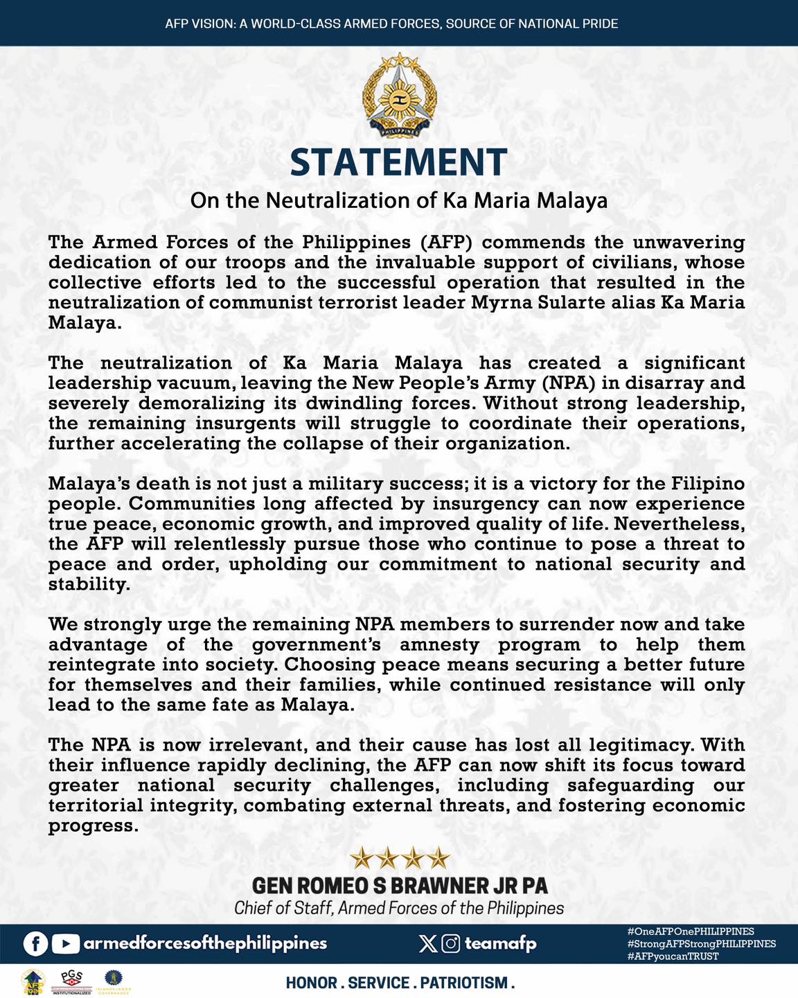 AFP Statement On The Neutralization of Ka Maria Malaya