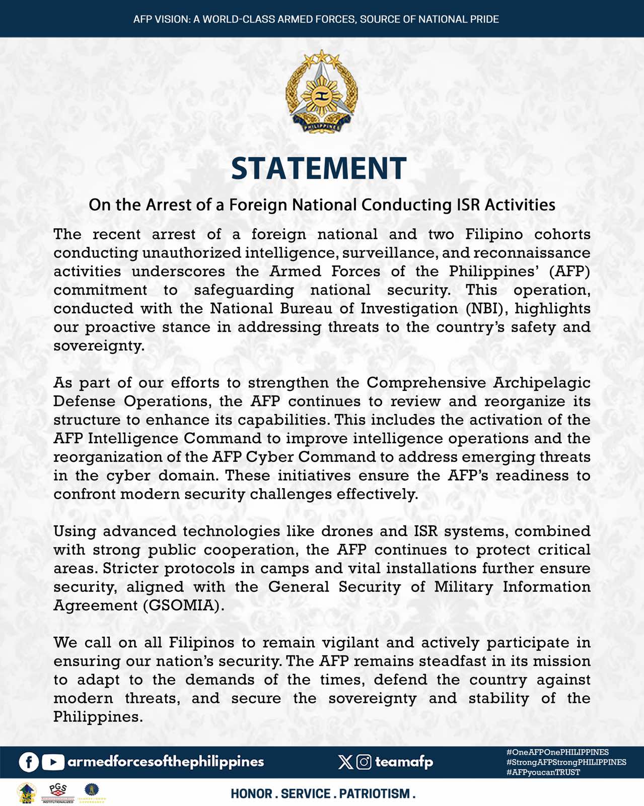 AFP Statement on the Arrest of a Foreign National Conducting ISR Activities