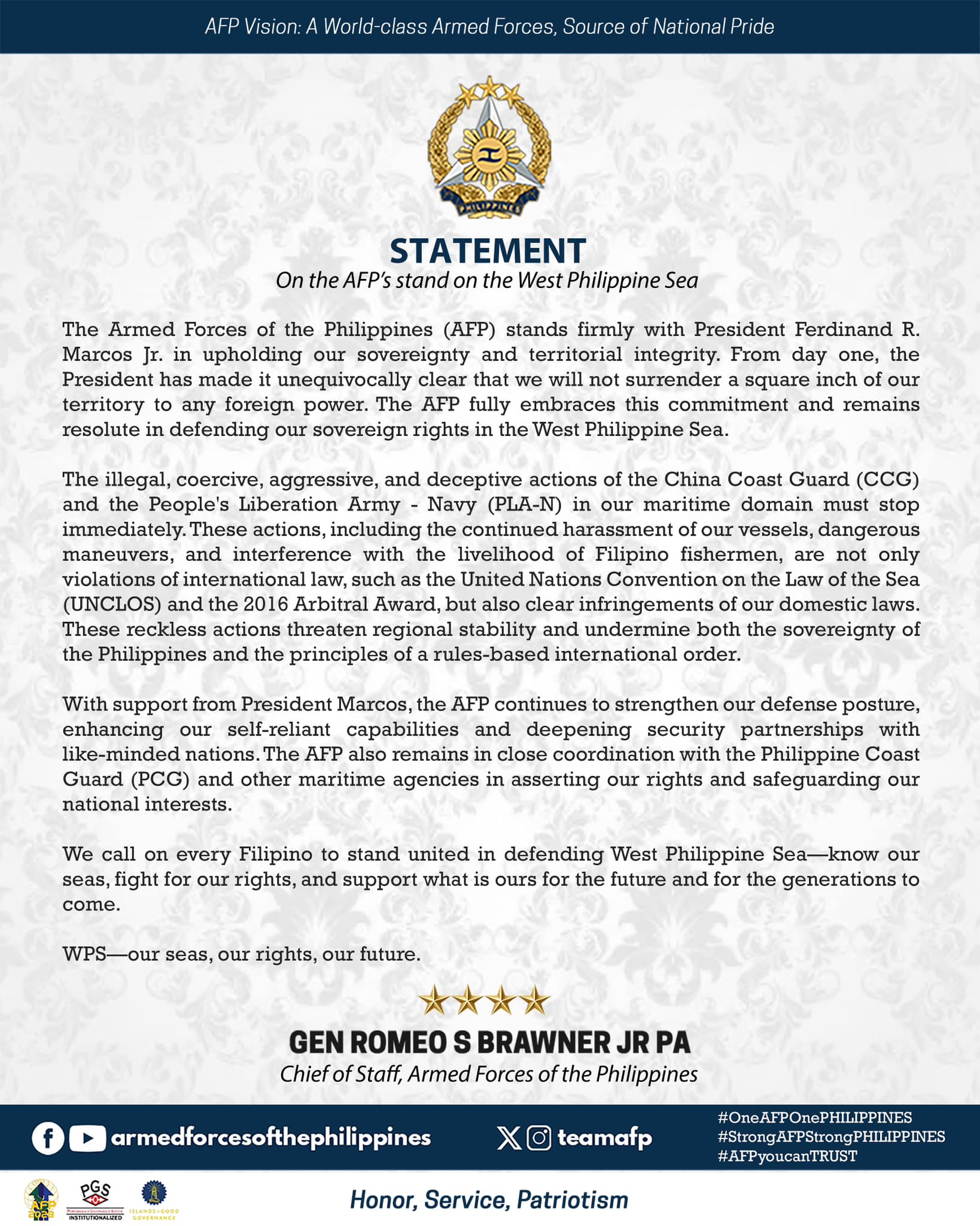 Statement of General Romeo S Brawner Jr PA, Chief of Staff, Armed Forces of the Philippines on the AFP’s stand on the West Philippine Sea