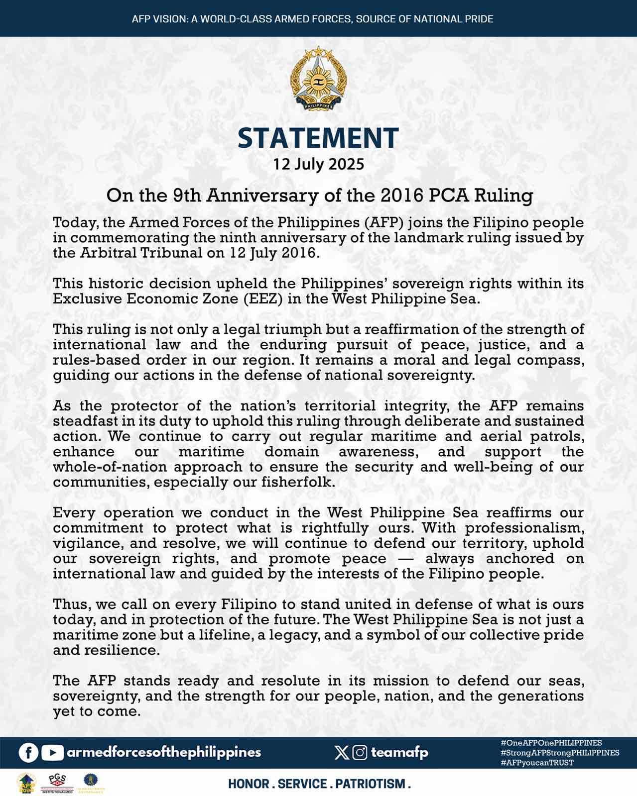 AFP Statement on the 9th Anniversary of the 2016 PCA Ruling AFP Statement on the 9th Anniversary of the 2016 PCA Ruling