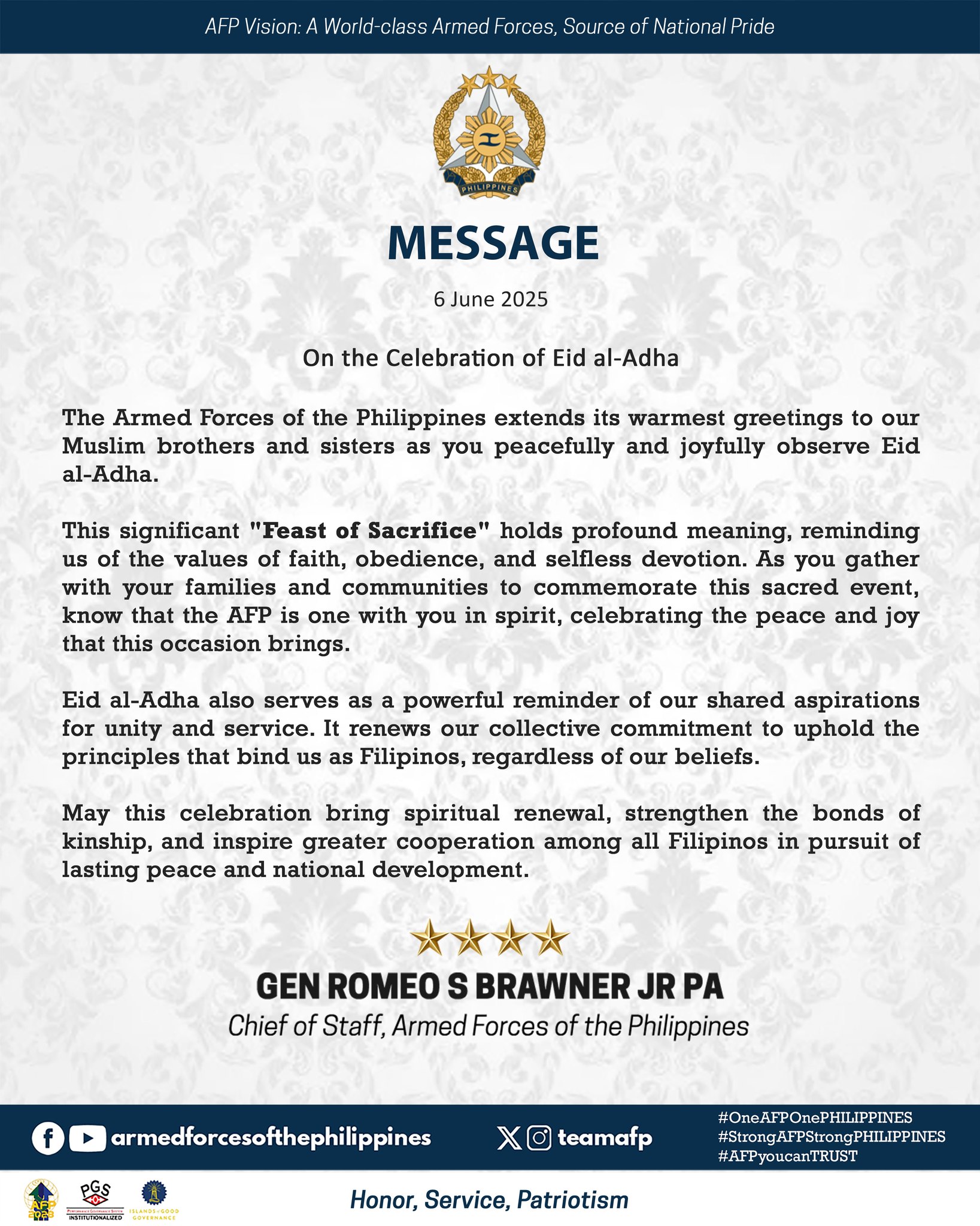 Message of the Chief of Staff, AFP, General Romeo S Brawner Jr, on the celebration of Eid Al-Adha