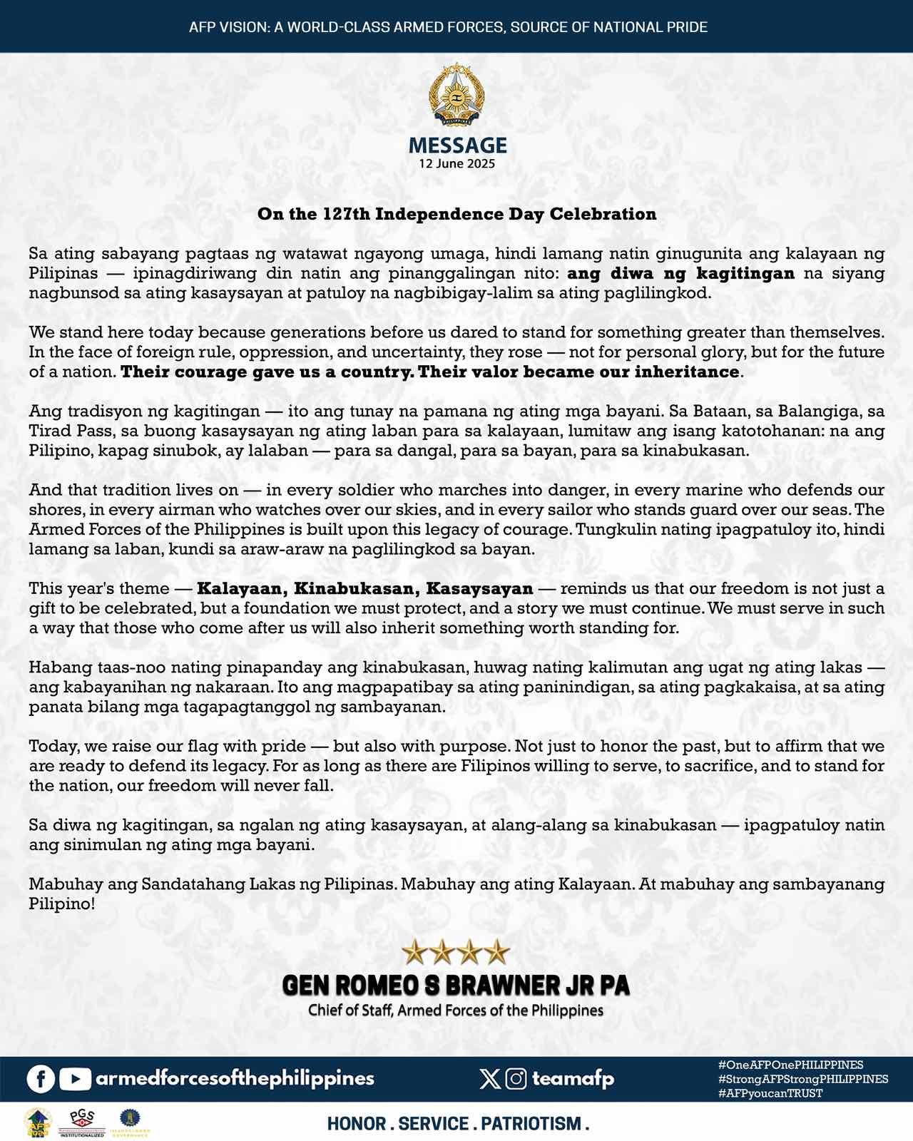 Message of the Chief of Staff, AFP, General Romeo S Brawner Jr, on the 127th Independence Day Celebration