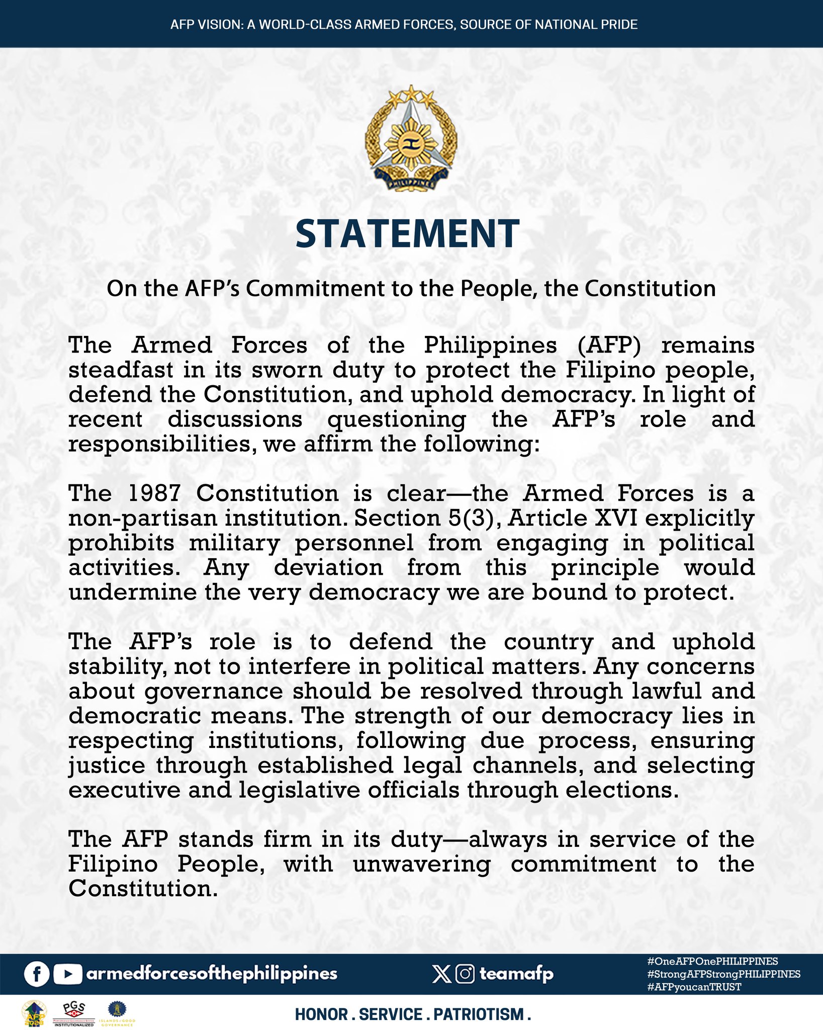 READ | Statement On the AFP’s Commitment to the People, the Constitution