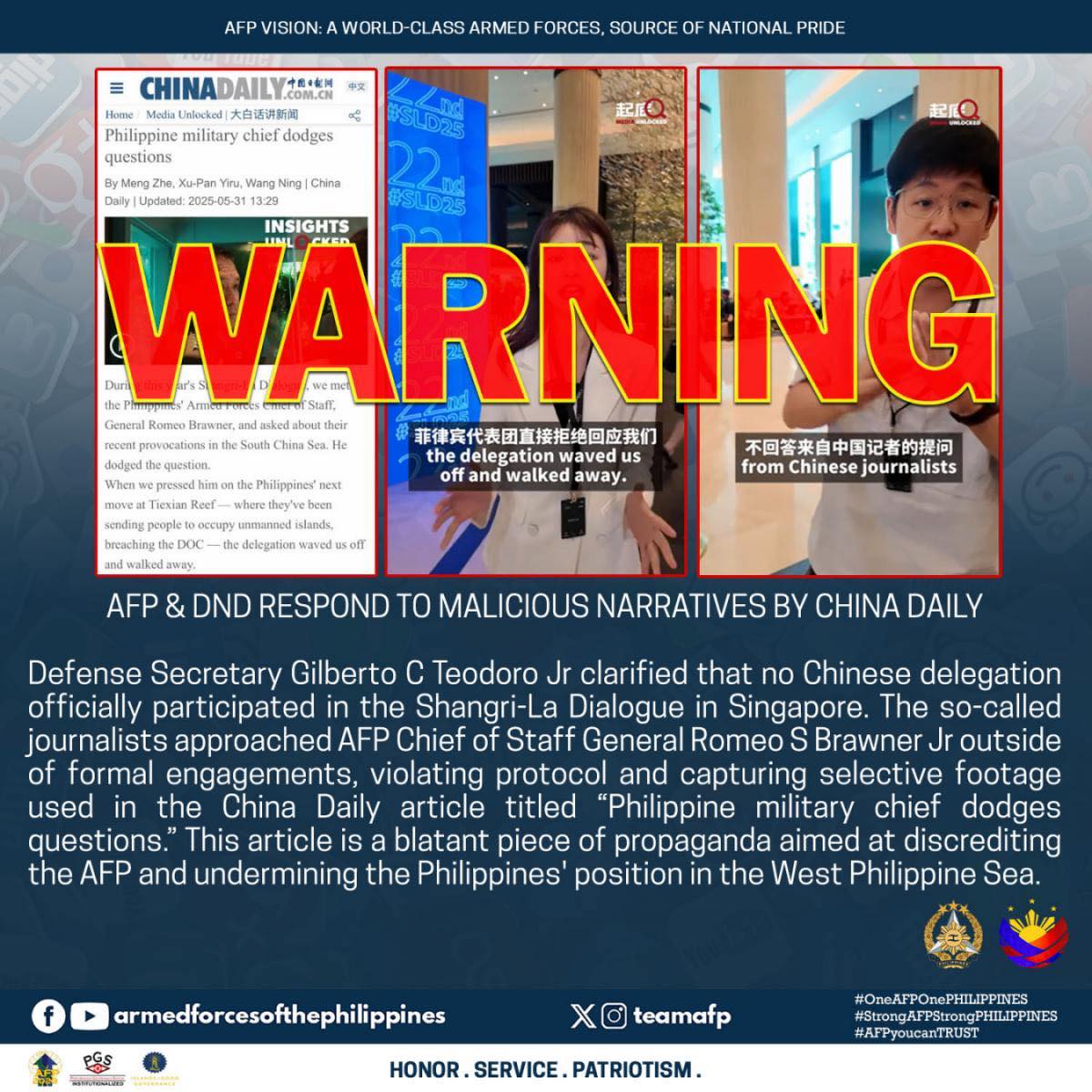 WARNING | The DND and AFP warn the public against a propaganda video published by China Daily following the Shangri-La Dialogue in Singapore.