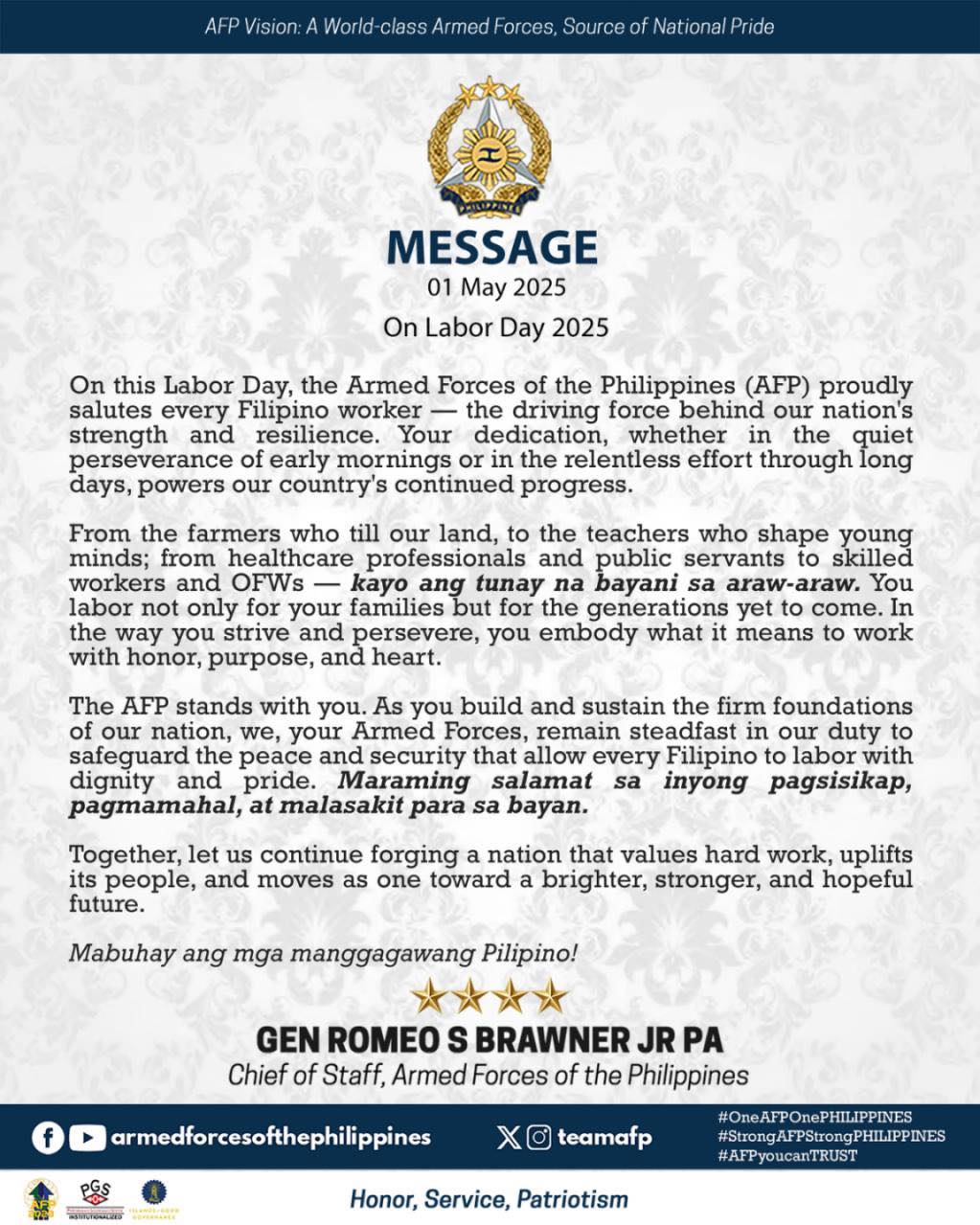 Message of the AFP Chief of Staff General Romeo S Brawner Jr, on Labor Day 2025 Message of the AFP Chief of Staff General Romeo S Brawner Jr, on Labor Day 2025