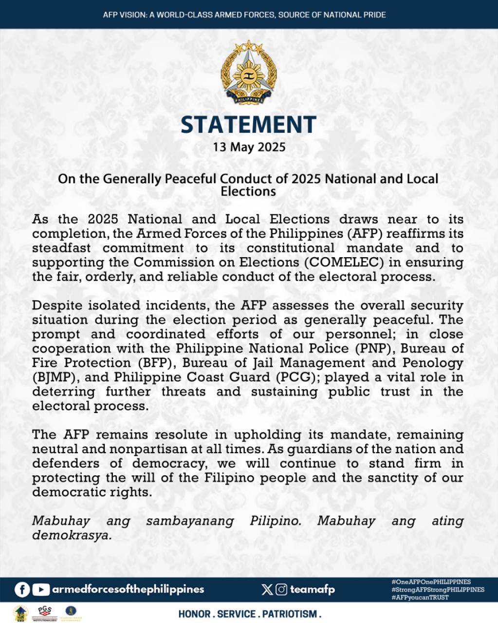 AFP Statement on the Generally Peaceful Conduct of 2025 National and Local Elections AFP Statement on the Generally Peaceful Conduct of 2025 National and Local Elections