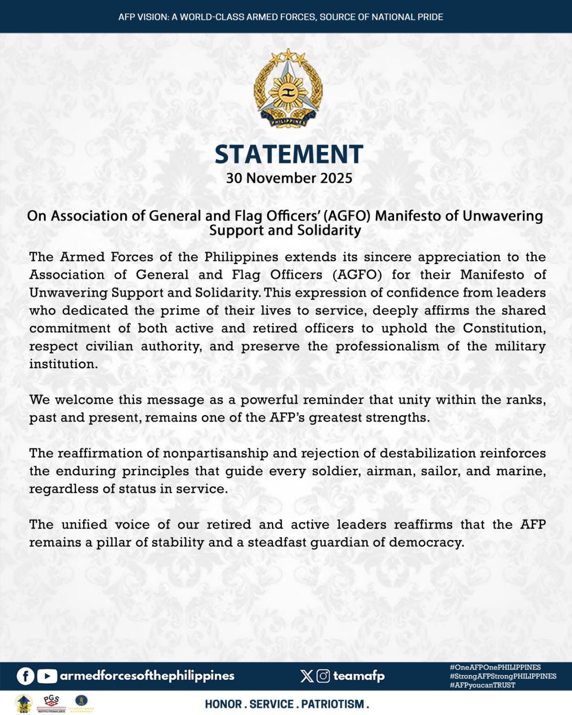 AFP Statement On Association of General and Flag Officers’ (AGFO) Manifesto of Unwavering Support and Solidarity