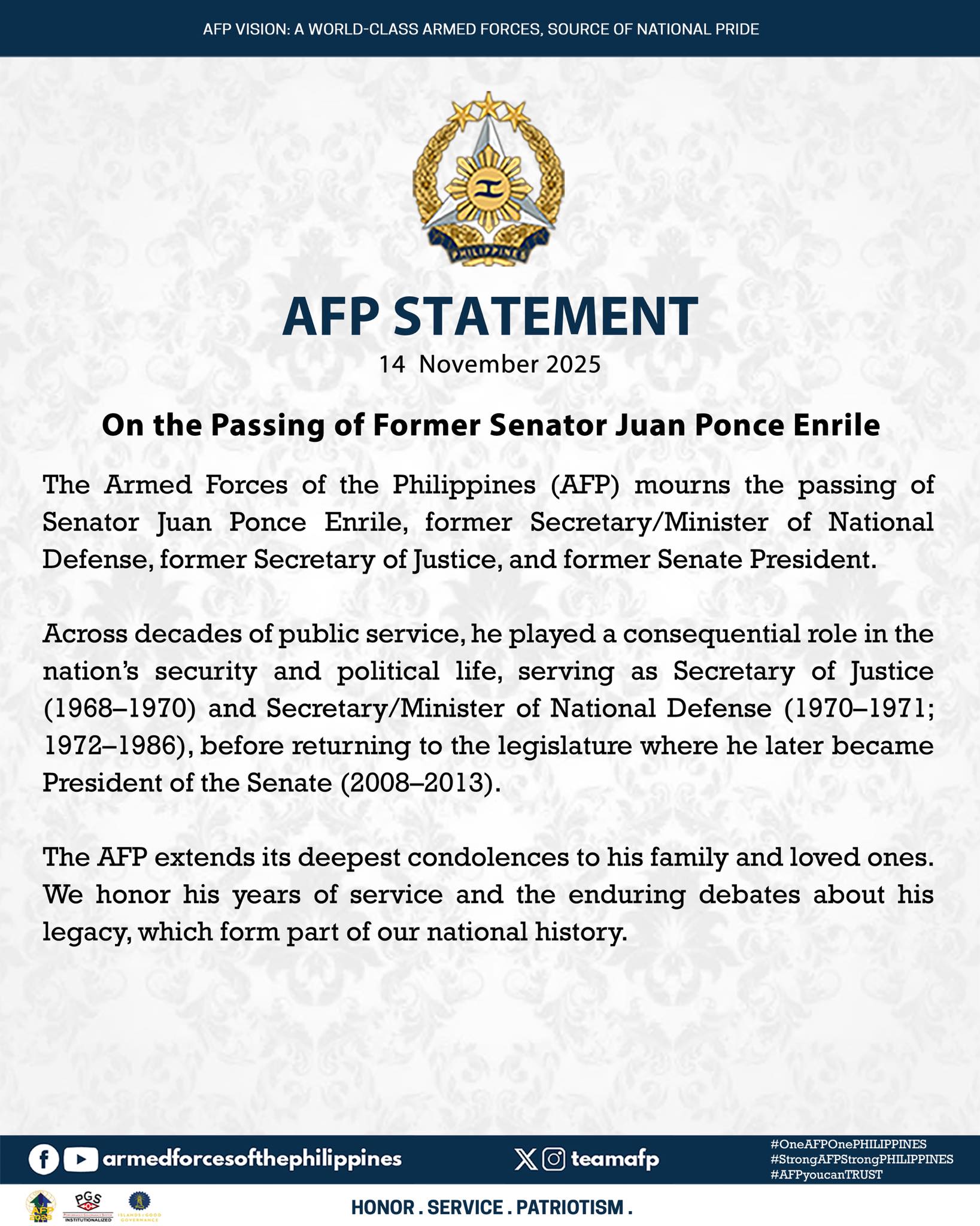 AFP Statement on the Passing of Former Senator Juan Ponce Enrile