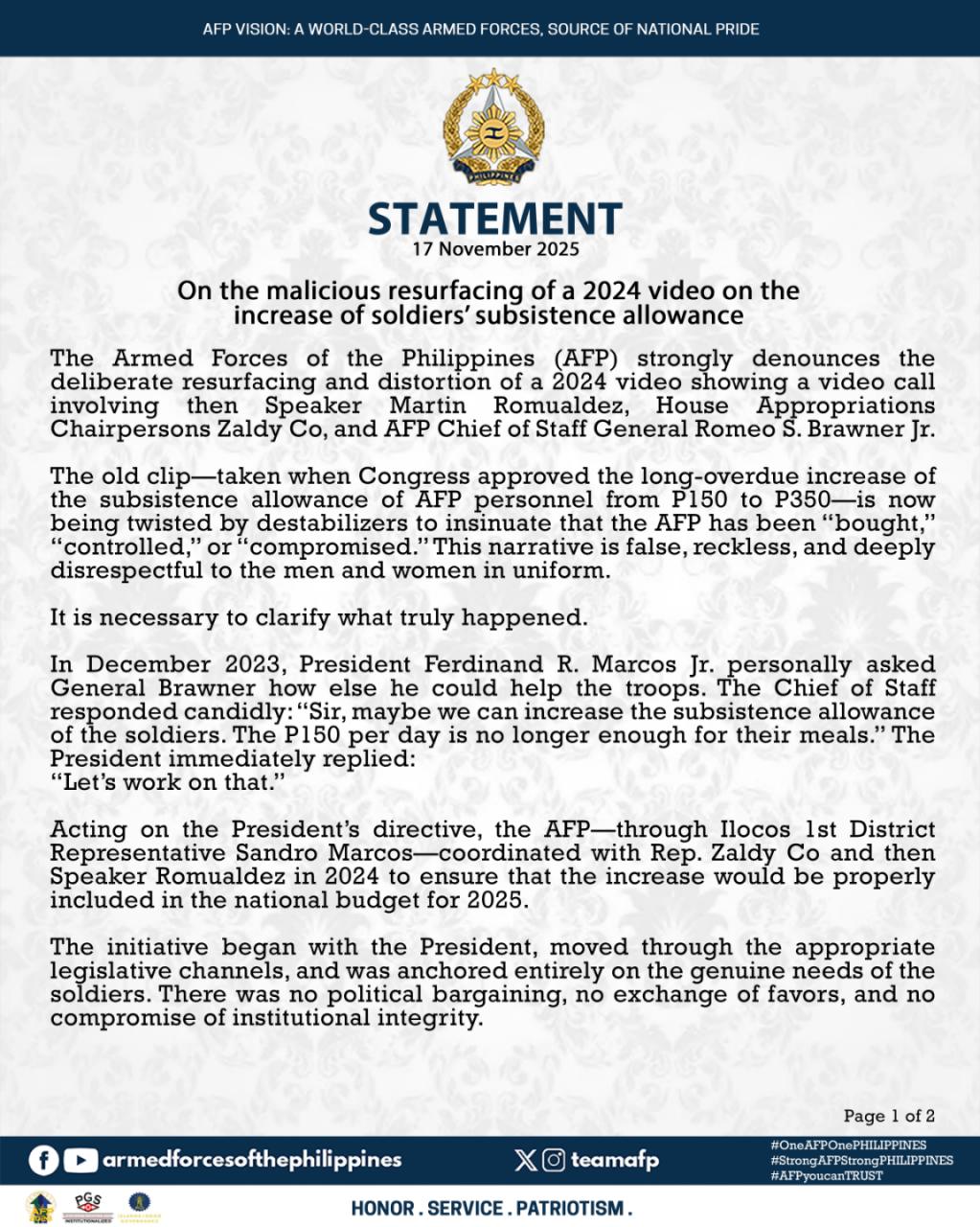 AFP Statement on the malicious resurfacing of a 2024 video on the increase of soldiers’ subsistence allowance