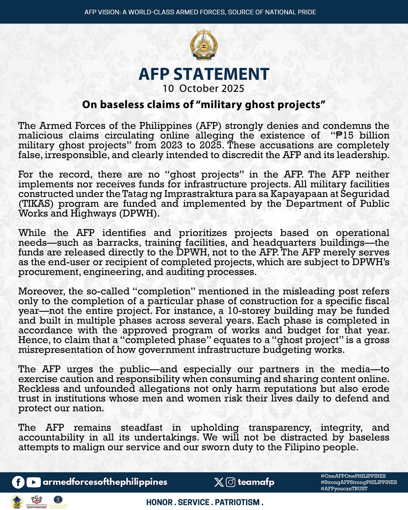 AFP Statement on baseless claims of “military ghost projects”