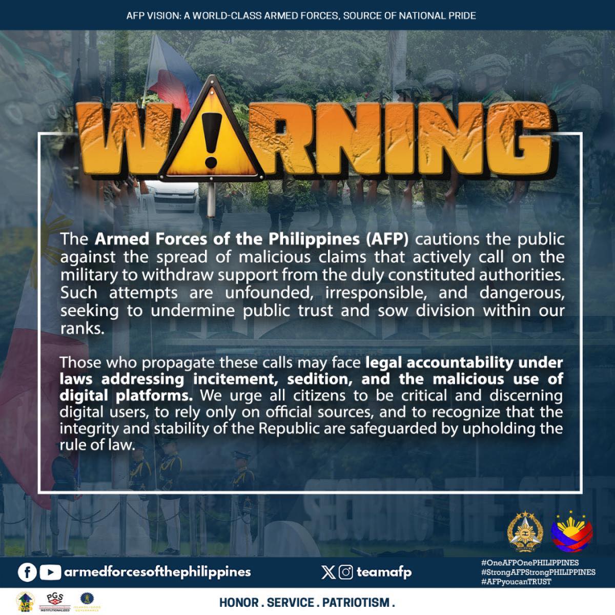 Malicious calls for the AFP to abandon its mandate are irresponsible and unlawful.