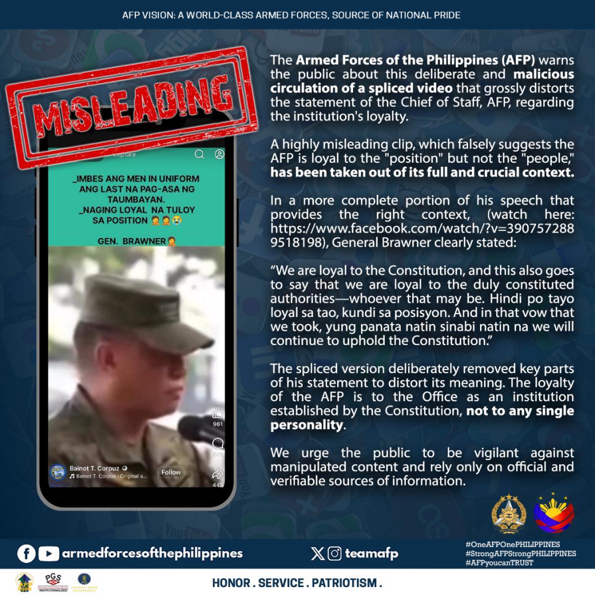 The AFP warns the public about the deliberate and malicious circulation of a spliced video