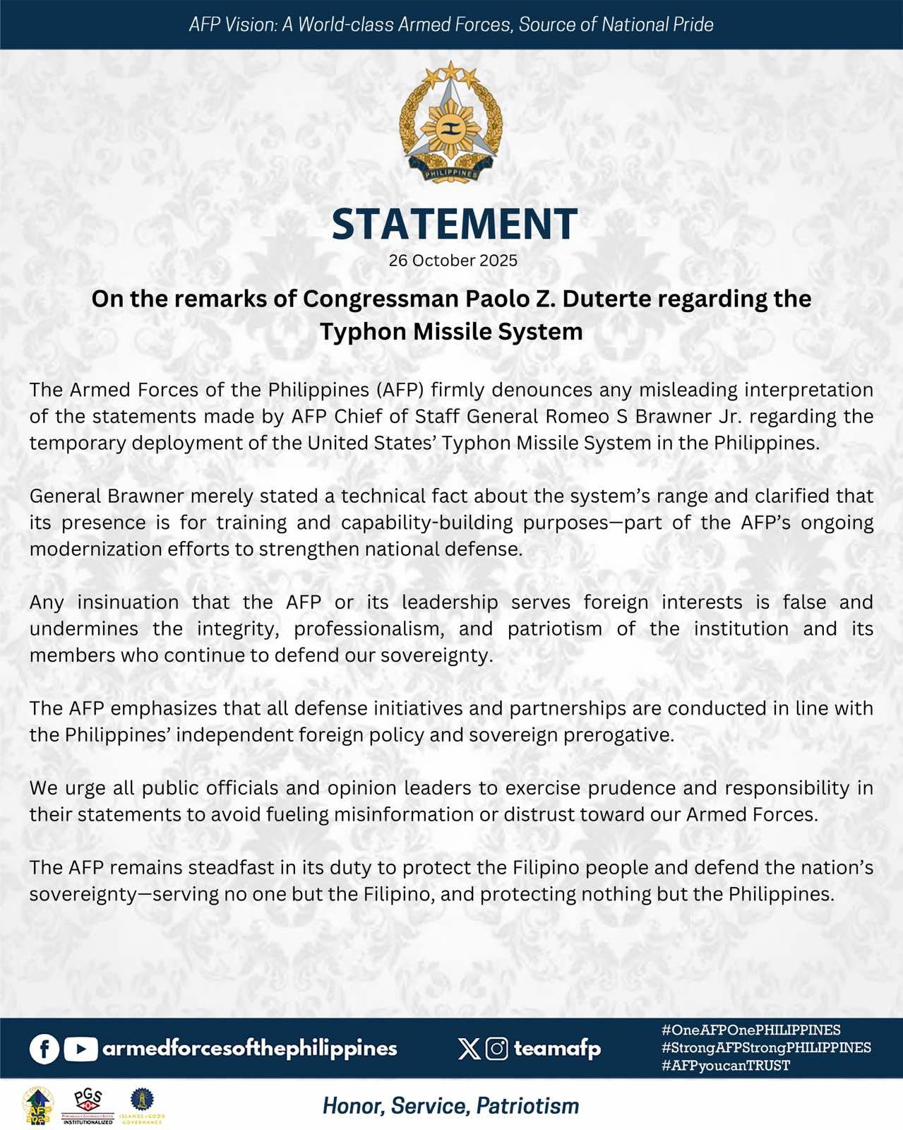 AFP Statement on the remarks of Congressman Paolo Z. Duterte regarding the Typhon Missile System