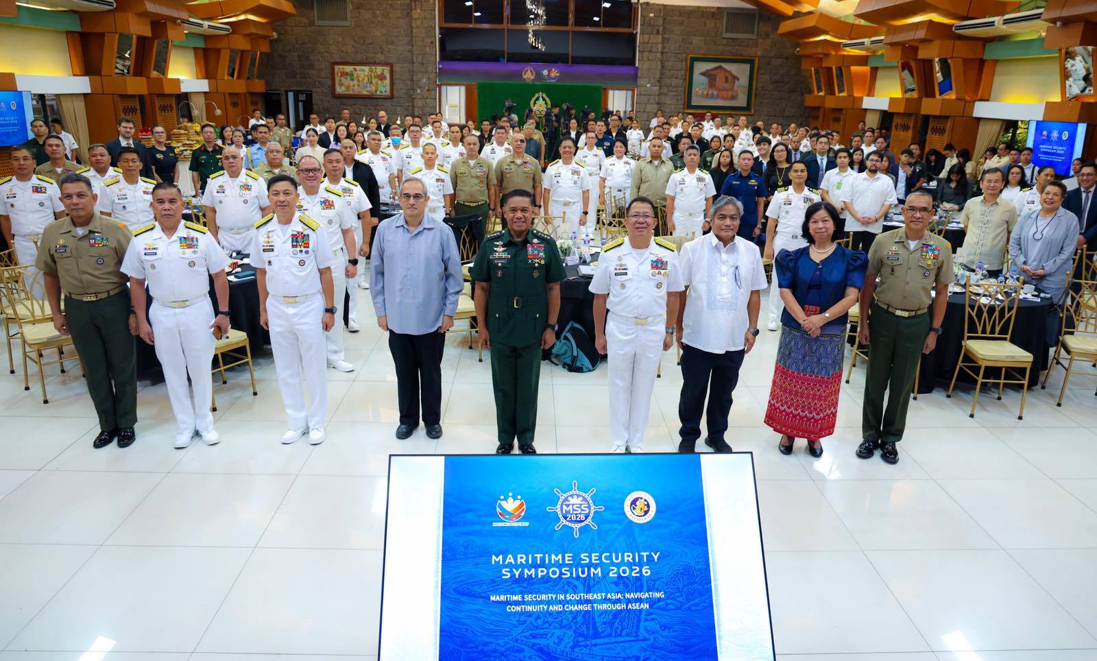 AFP Chief of Staff General Romeo S Brawner Jr, VAdm Jose Ma Ambrosio Q Ezpeleta, AFP officers and personnel, stakeholders, and guests gather for a photo during the Maritime Security Symposium 2026 held on April 10 at the AFP Commissioned Officers' Club (AFPCOC) in Camp Aguinaldo