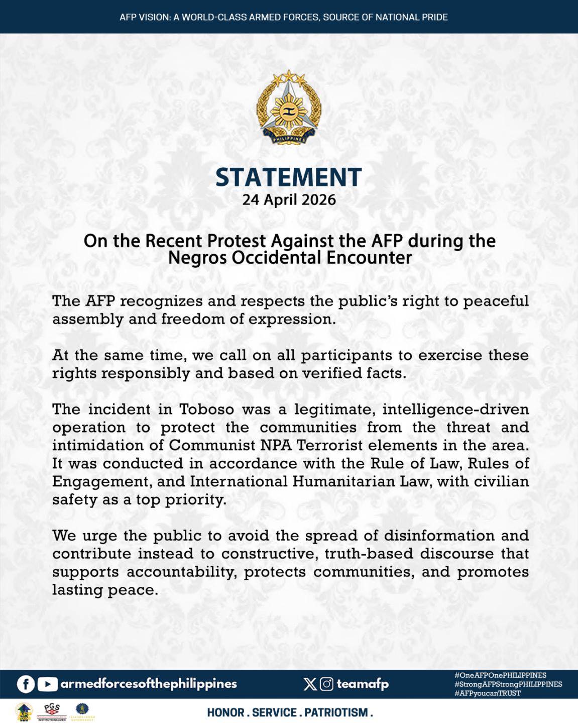 AFP Statement On the Recent Protest Against the AFP during the Negros Occidental Encounter