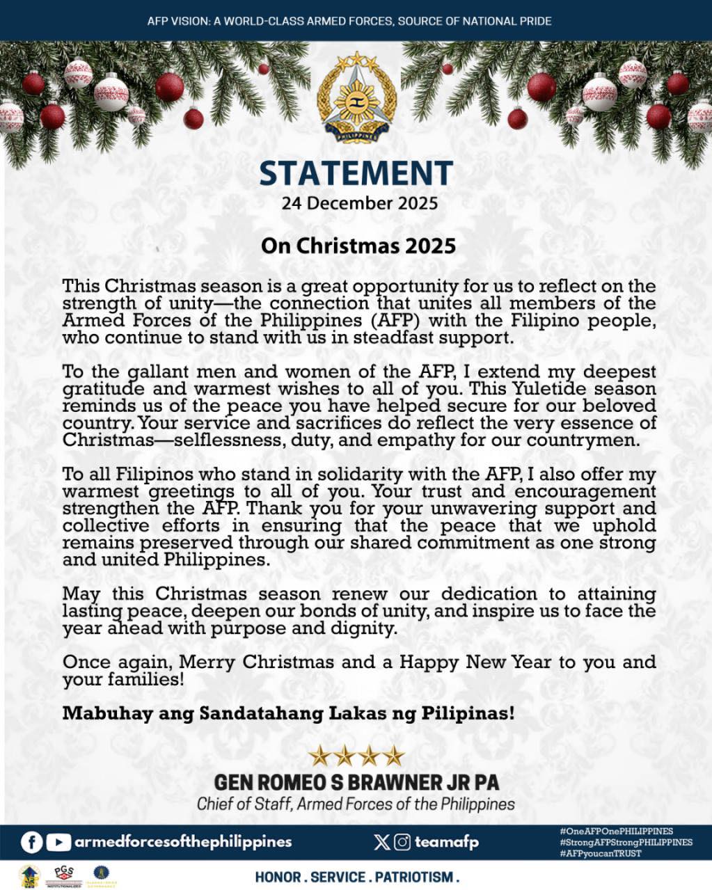 READ | AFP Chief of Staff General Romeo S Brawner Jr's message on Christmas 2025