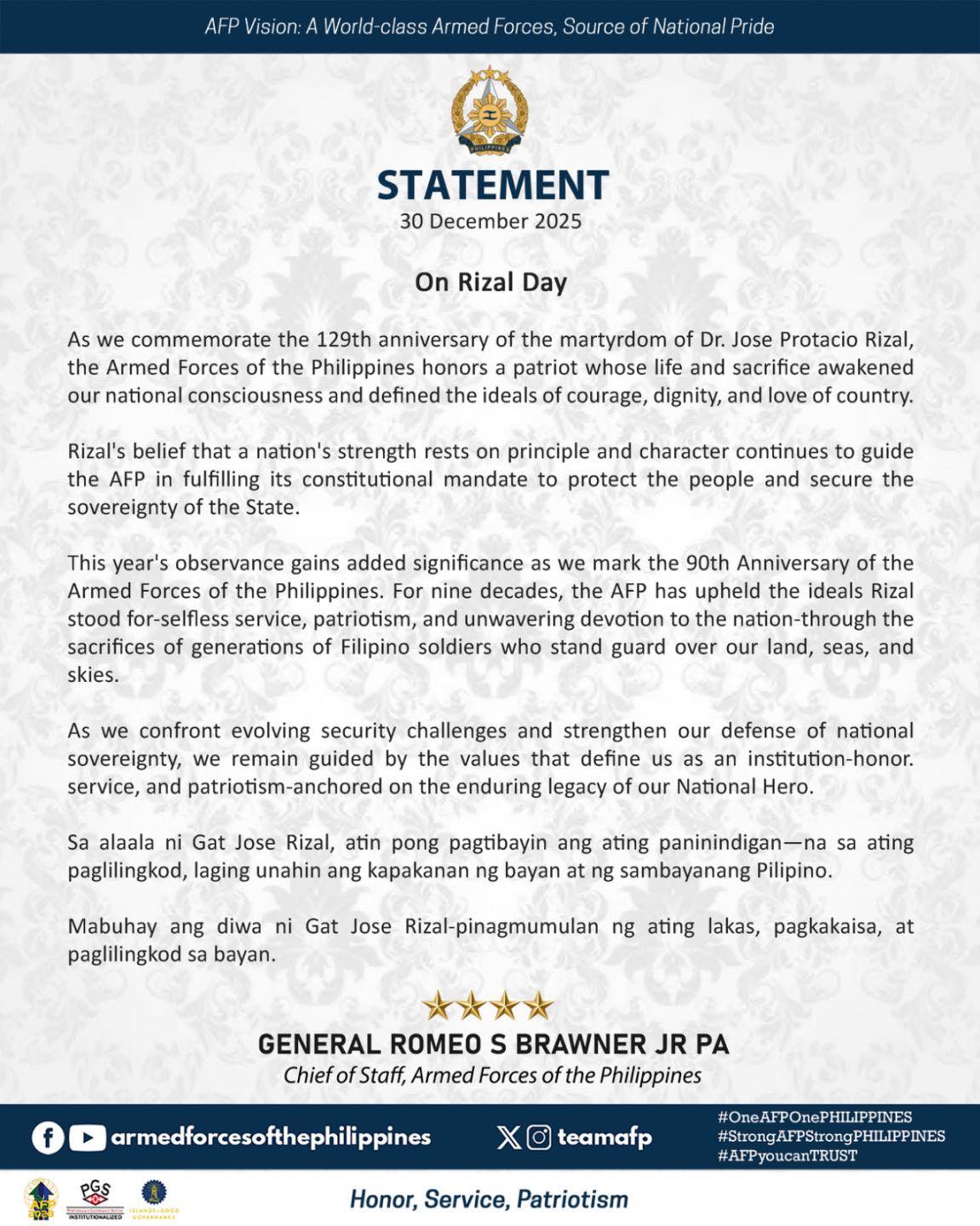READ | Statement of the AFP Chief of Staff General Romeo S Brawner Jr on Rizal Day