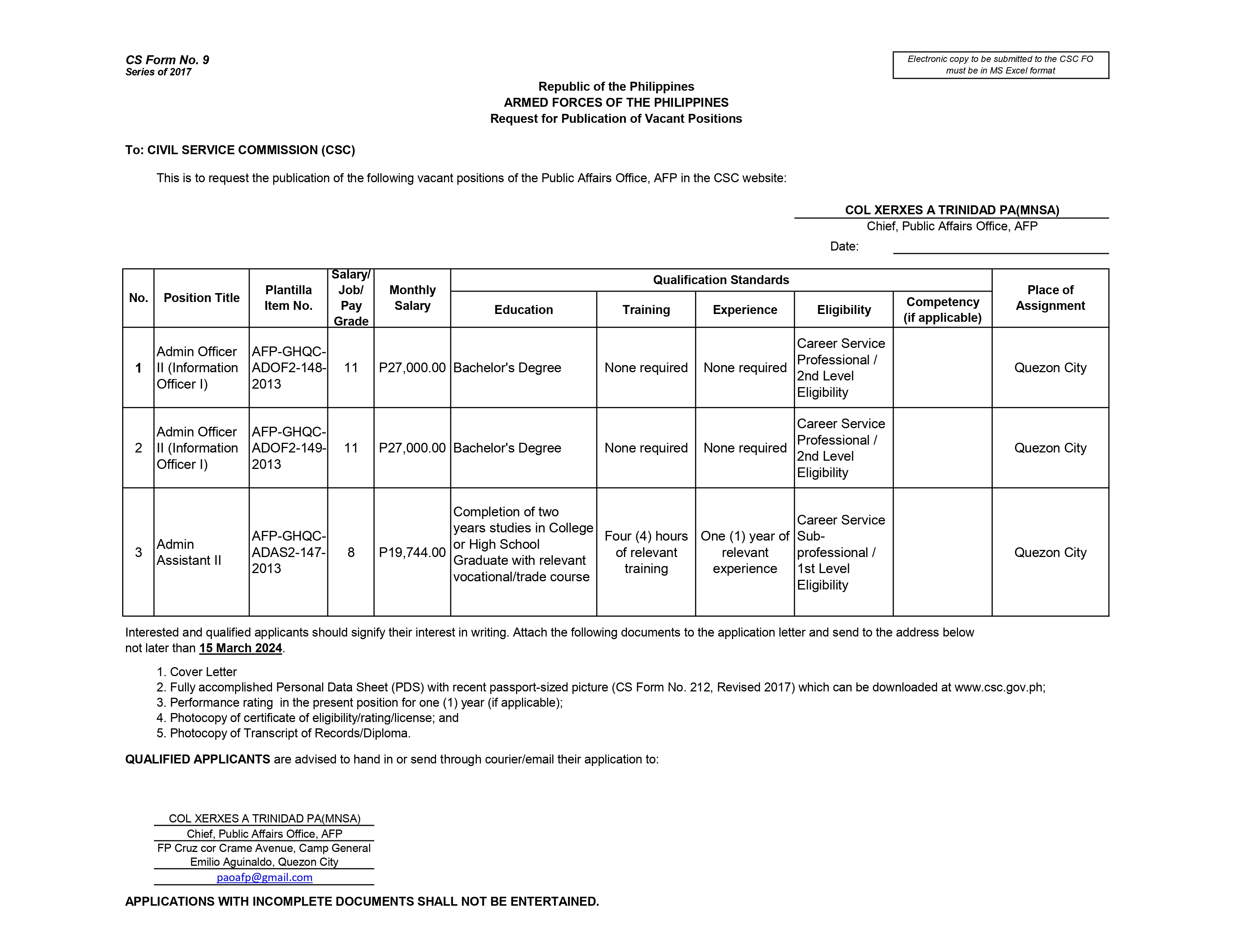 Notice of Vacancy at the Public Affairs Office AFP